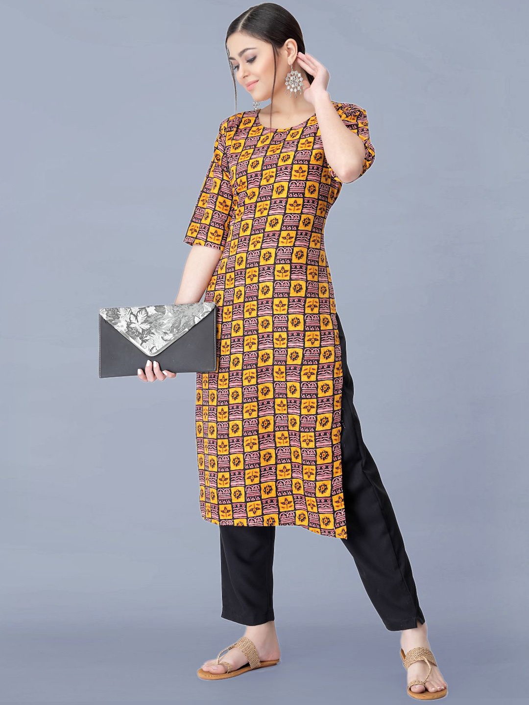 

Moda Rapido Ethnic Motifs Printed Round Neck Straight Kurta With Trousers, Yellow