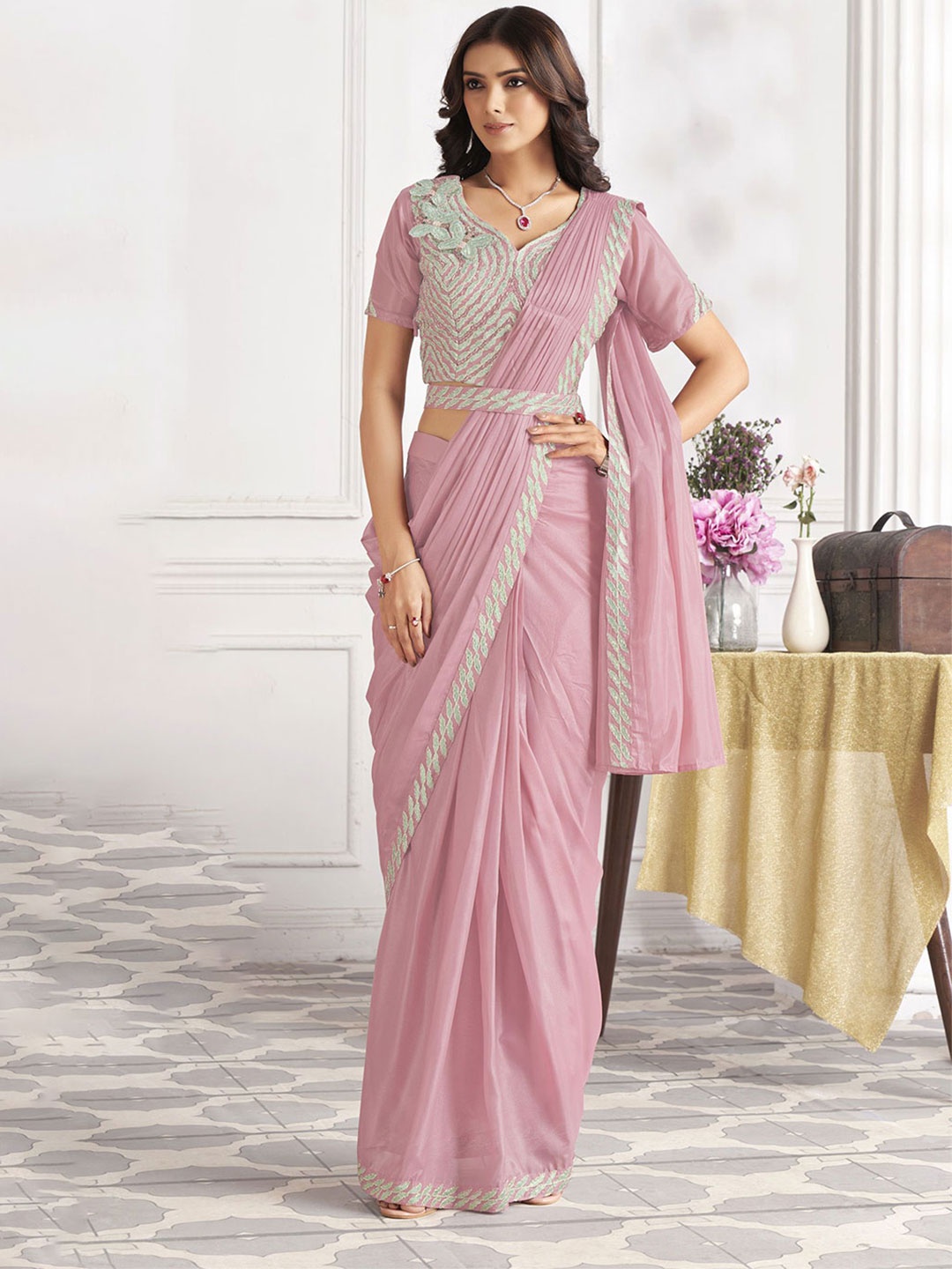 

Krimmple Women Satin Ready to Wear Saree, Pink