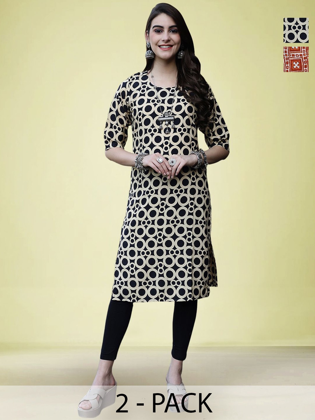 

Moda Rapido Selection Of 2 Geometric Printed Round Neck Straight Kurtas, Black