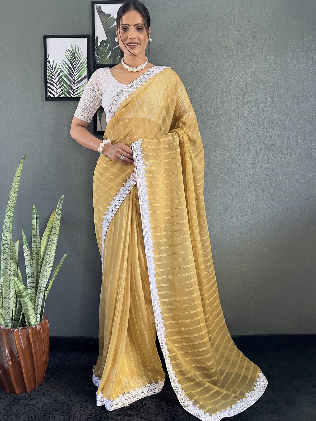 

JULEE Striped Embroidered Pure Chiffon Saree, Yellow