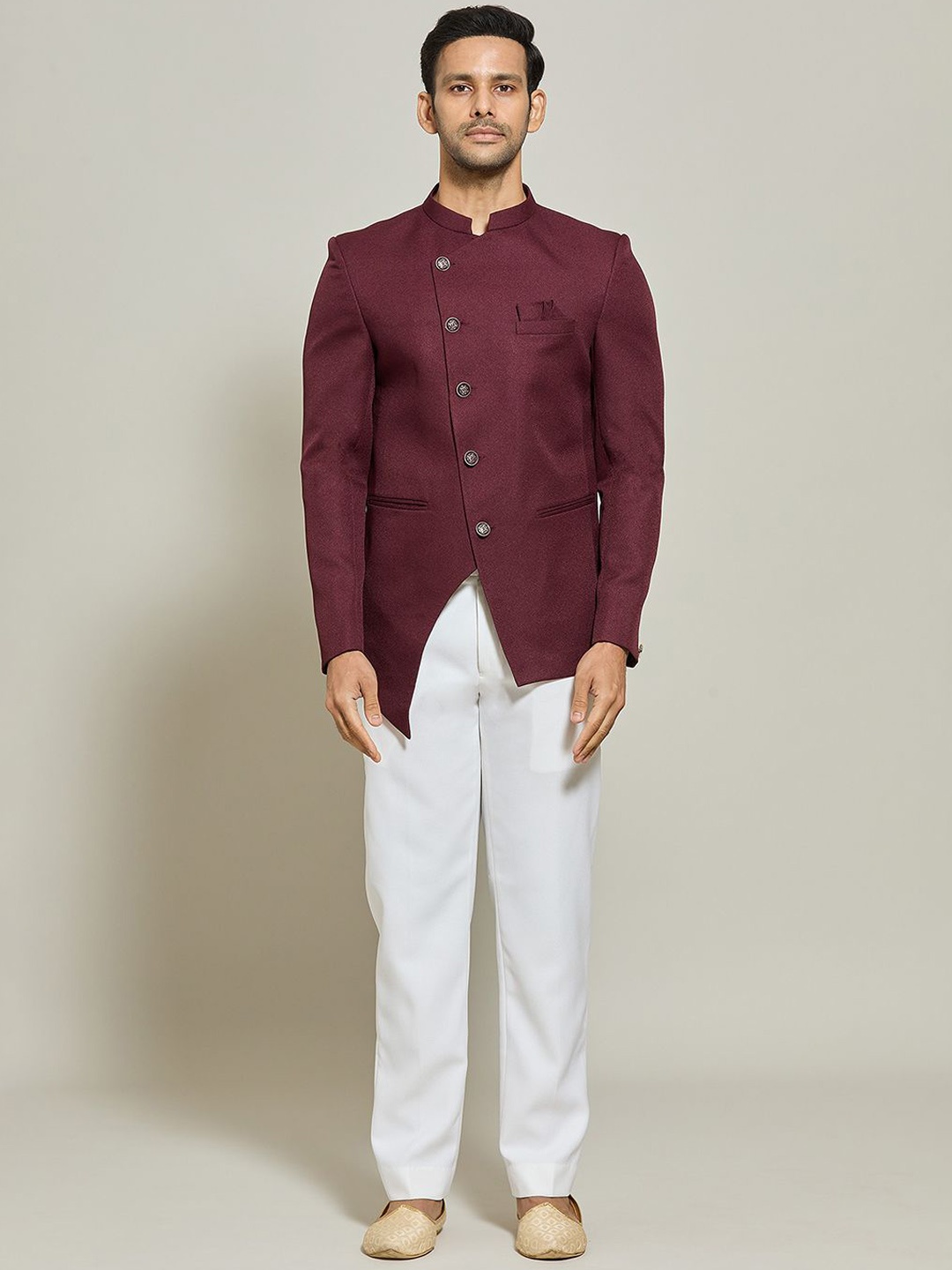 

Aryavir Malhotra Men Bandhgala Blazer With Trouser Set, Maroon