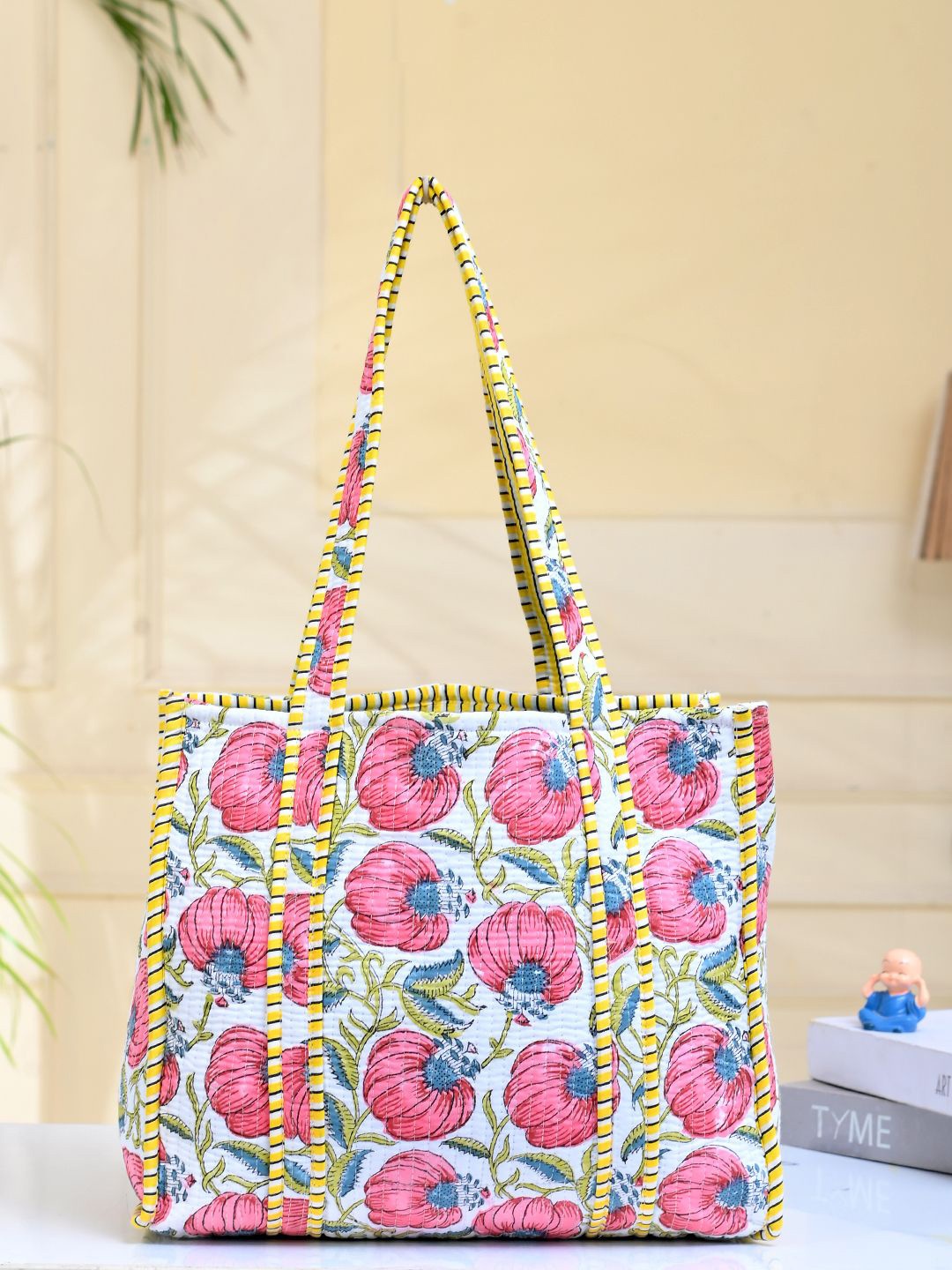 

Silvermerc Designs Floral Printed Shopper Tote Bag with Quilted, Yellow
