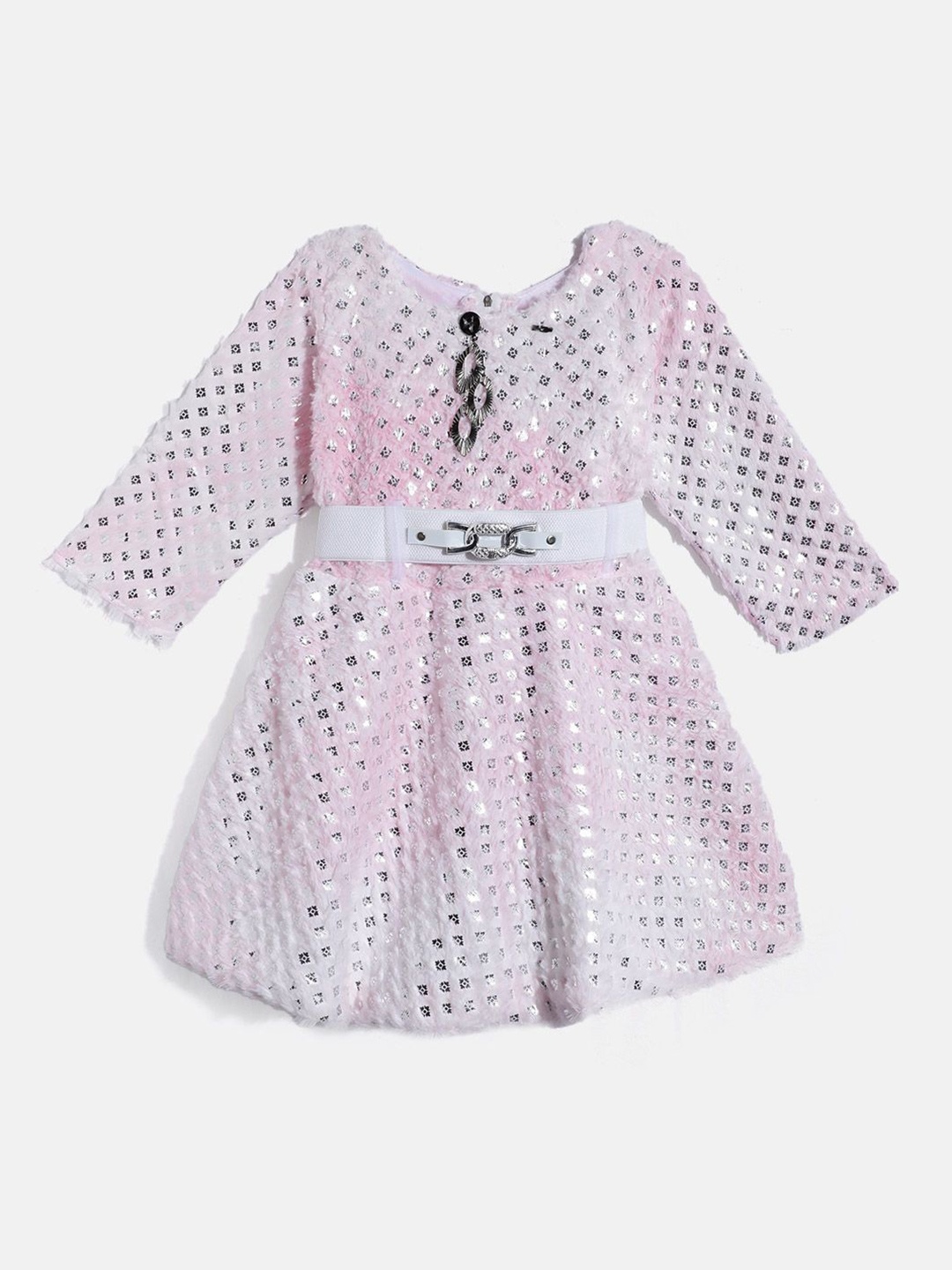 

HERE&NOW Girls Self Design Woollen Fit & Flare Dress, Pink