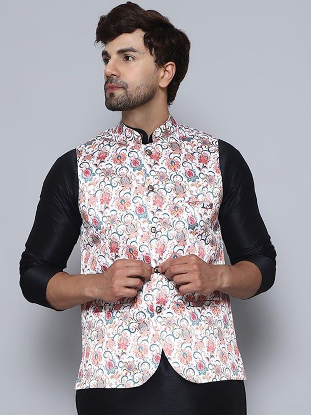 

BANHUSSAIN Printed Satin Nehru Jacket, White