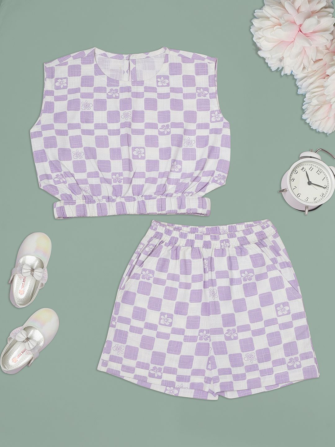 

ZACKBEE Girls Checked Sleeveless Top With Shorts, Purple