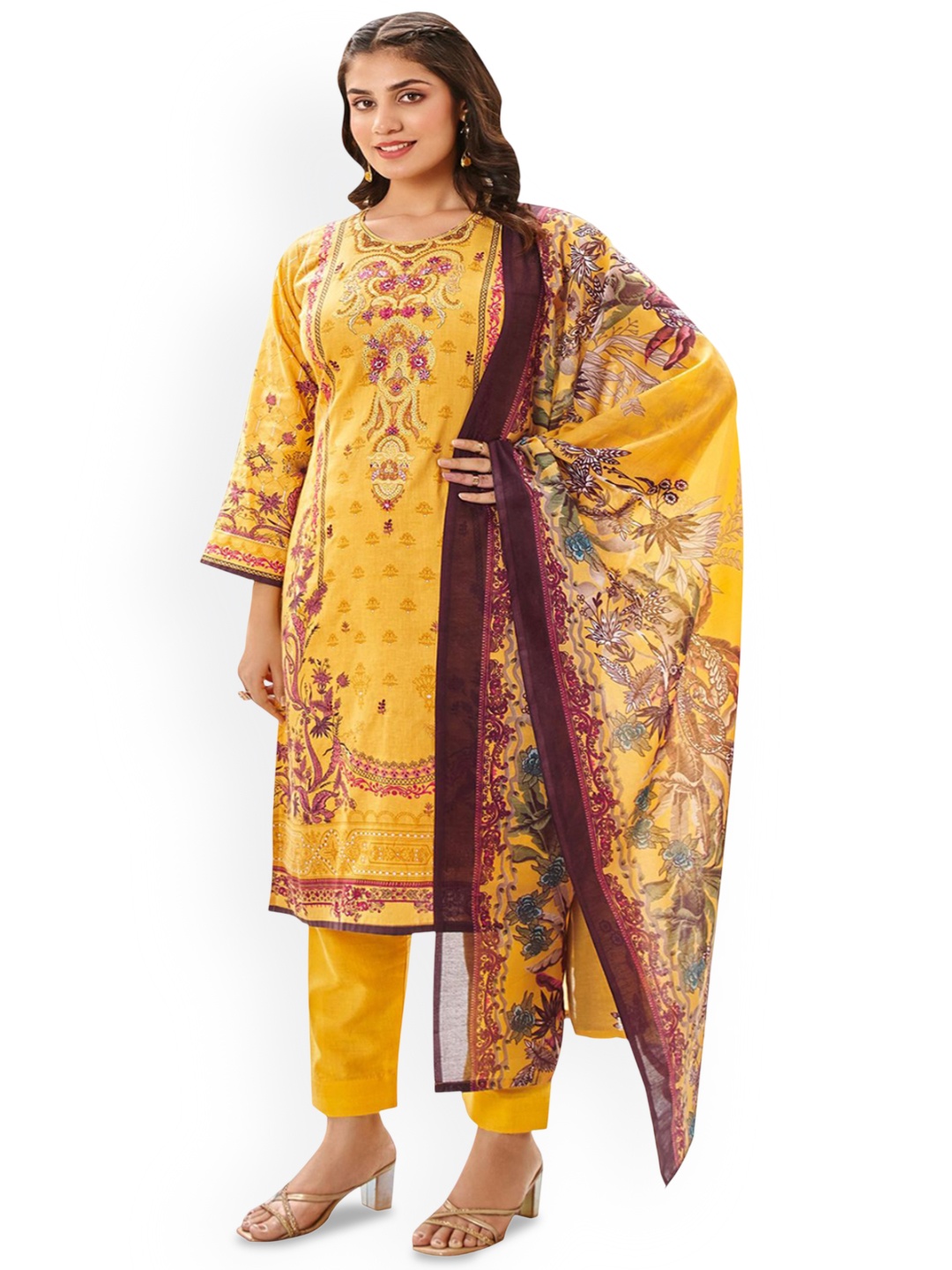 

DRAVINAM Trends Embroidered Pure Cotton Unstitched Dress Material, Yellow