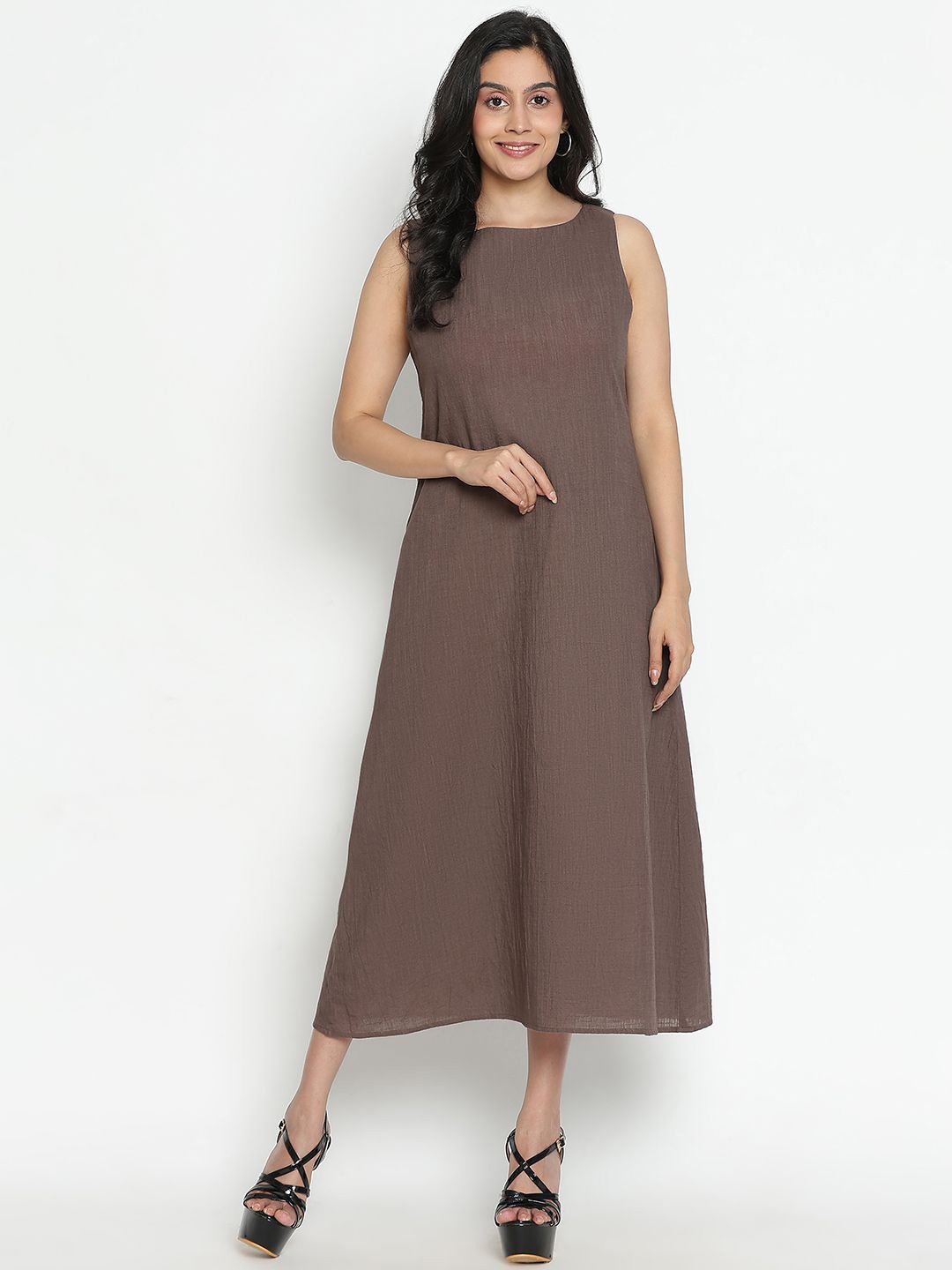 

VEGAL Women Boat Neck Cotton A-Line Midi Dress, Coffee brown