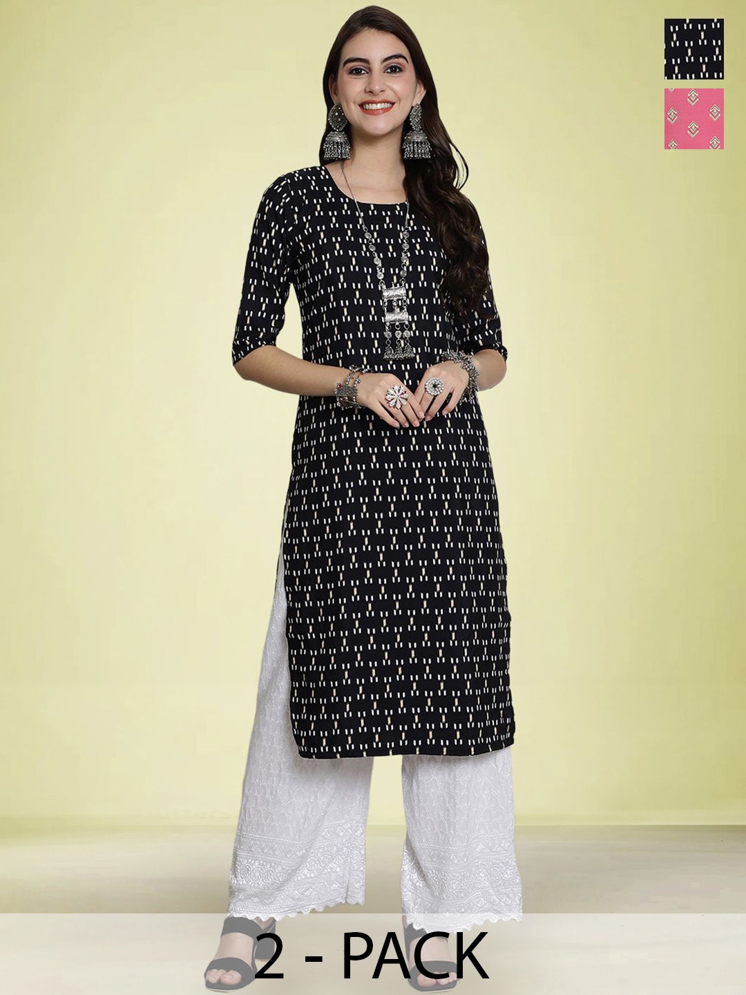 

Moda Rapido Selection Of 2 Geometric Printed Round Neck Straight Kurtas, Black