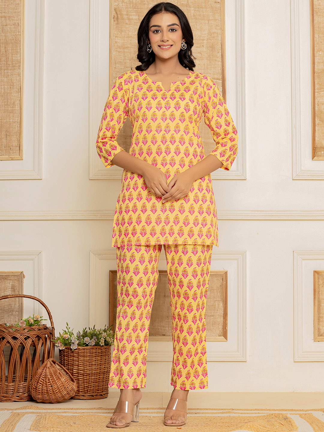 

Bhoolft Floral Printed Notch Neck Pure Cotton Tunic With Trousers, Mustard