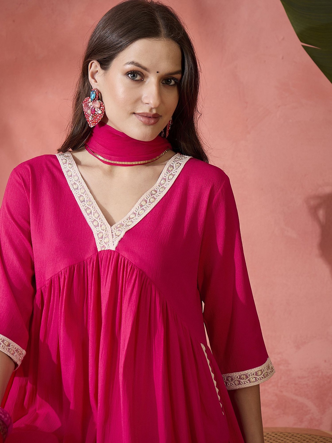 

Sangria Magenta V-Neck Empire Style Anarkali Kurta With Trouser And Dupatta