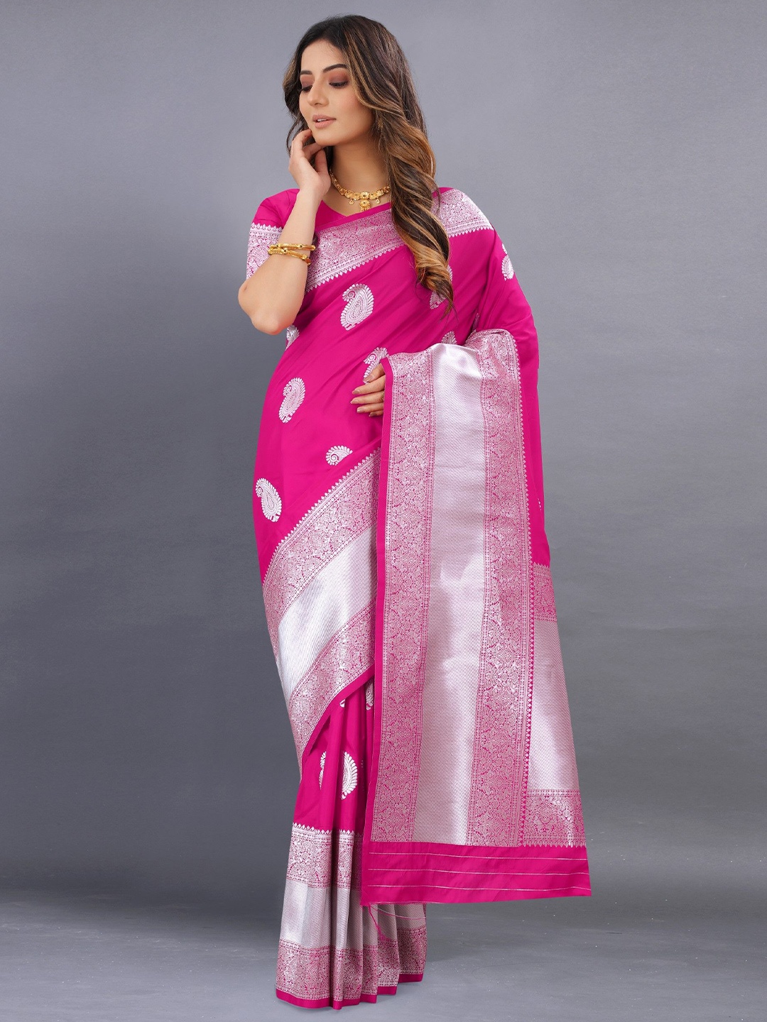 

LeeliPeeri Designer Woven Design Zari Silk Blend Banarasi Saree, Pink