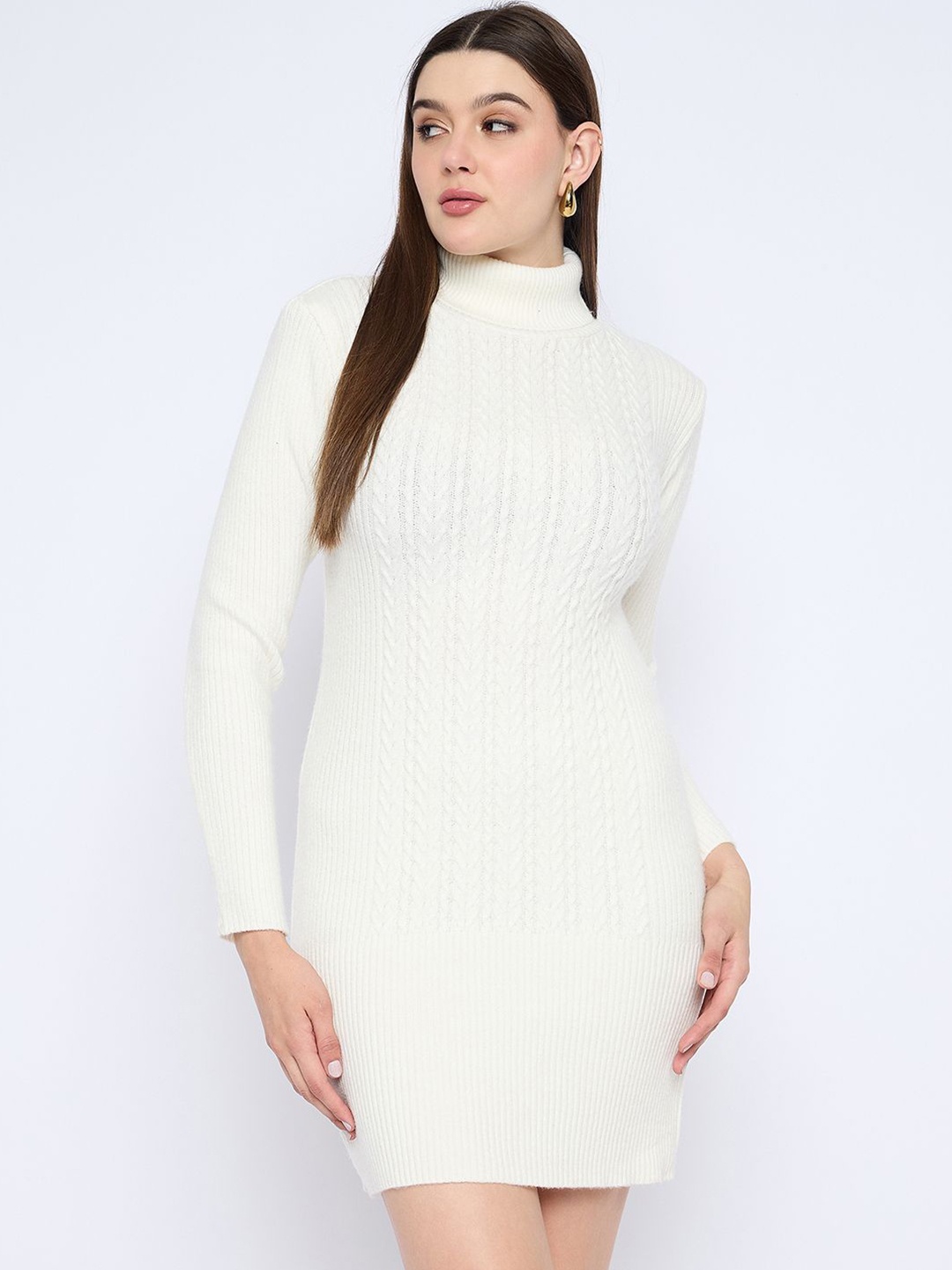 

Zigo Women Self Design High Neck Jumper Dress, White