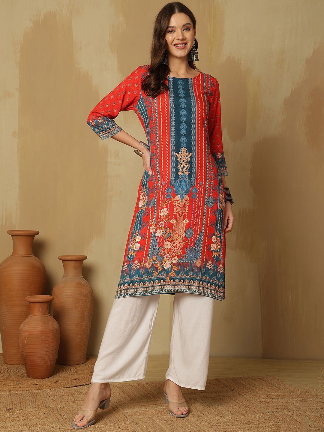 

Anouk Red Ethnic Motifs Printed Round Neck A-Line Kurta