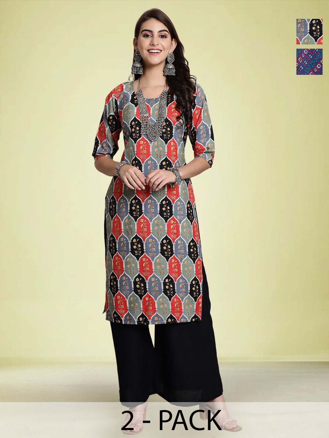 

Moda Rapido Women Pack Of 2 Ethnic Motifs Printed Round Neck Straight Kurtas, Grey