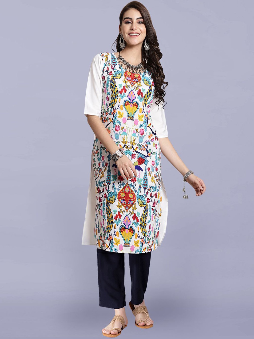 

Moda Rapido Floral Printed Round Neck Straight Kurta With Trouser, White