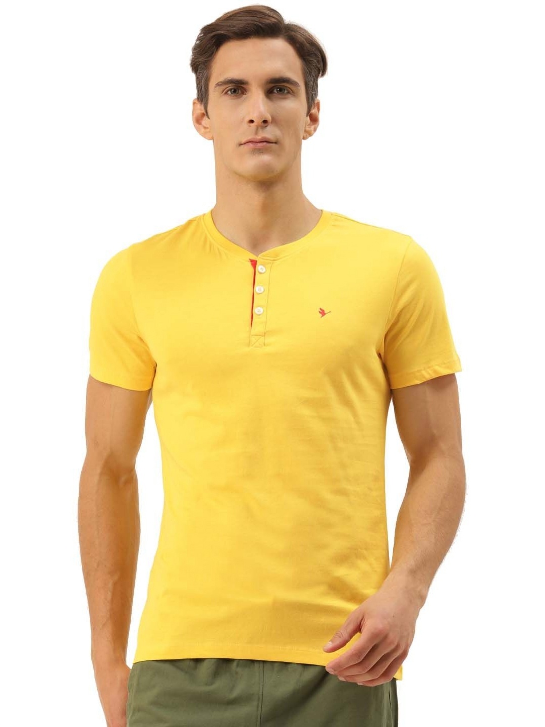 

AMSWAN Men Henley Neck Pockets T-shirt, Yellow