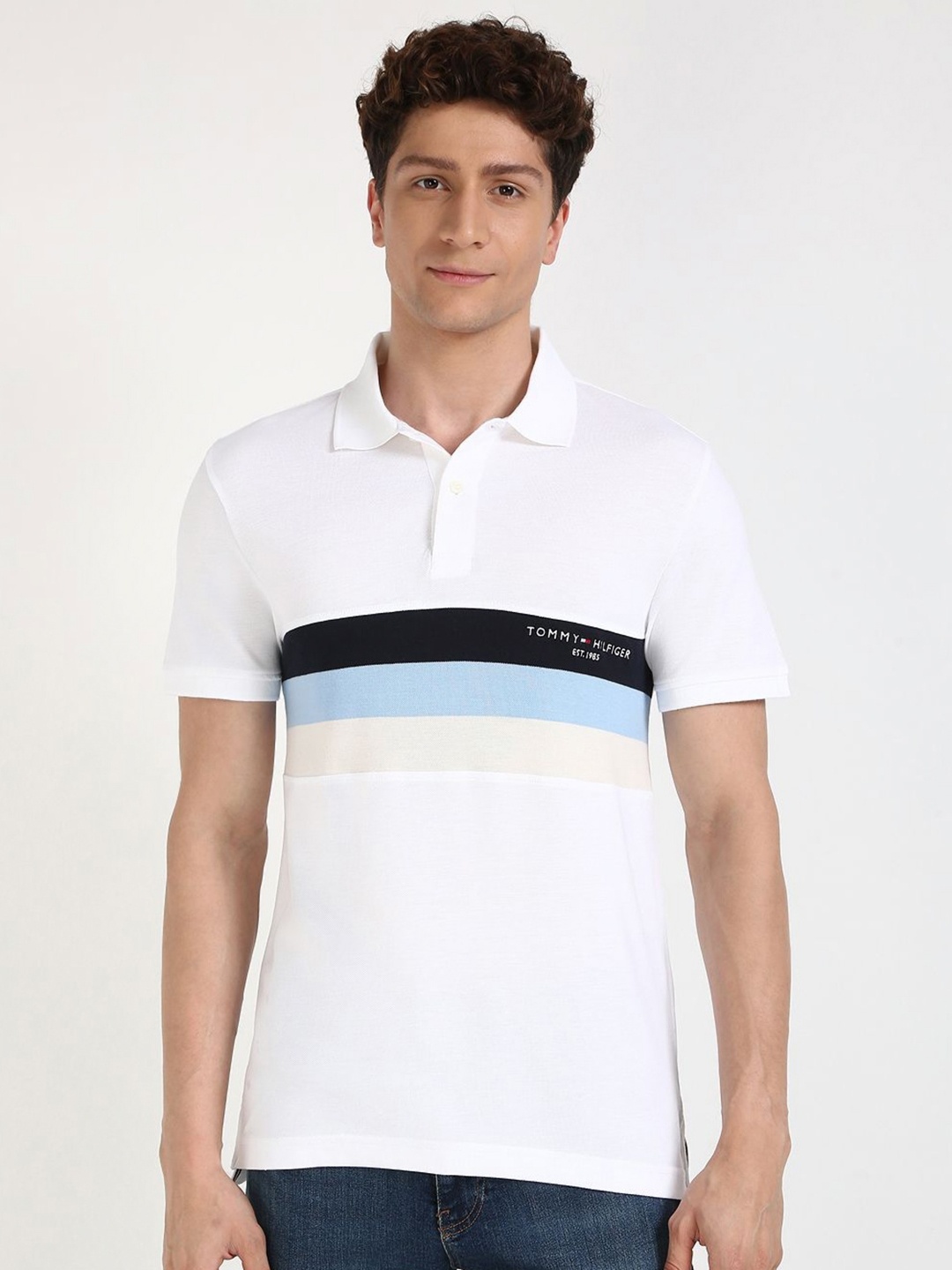 

Tommy Hilfiger Men Striped Polo Collar Cotton Slim Fit T-shirt, White