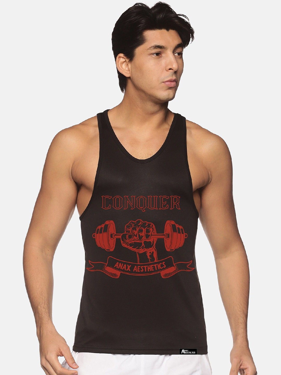

Anax Aesthetics Men Polyester Dri-Fit Printed Sleeveless Sando Gym Vest Stringer Tank Top, Black