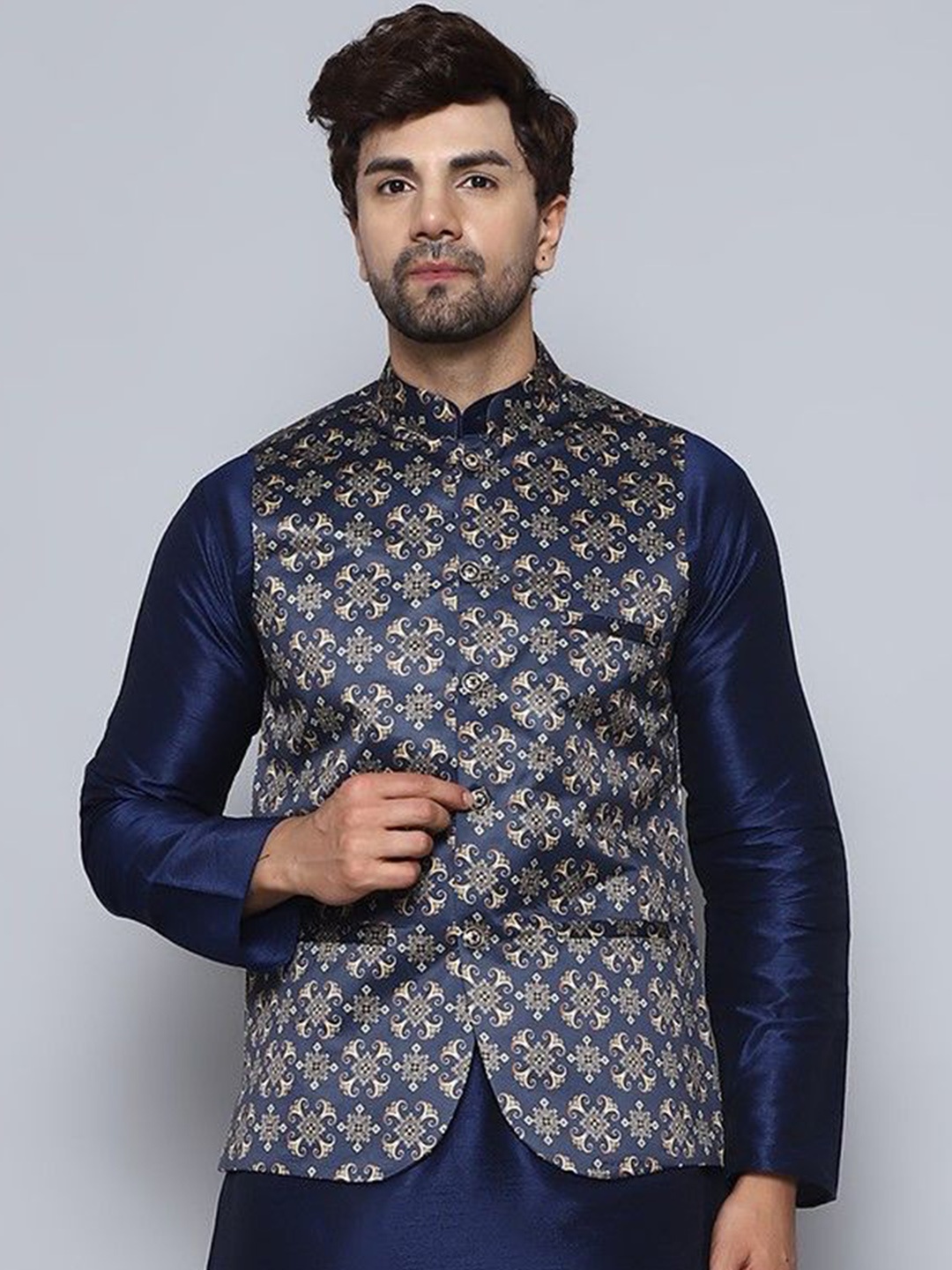 

BANHUSSAIN Printed Satin Nehru Jacket, Blue