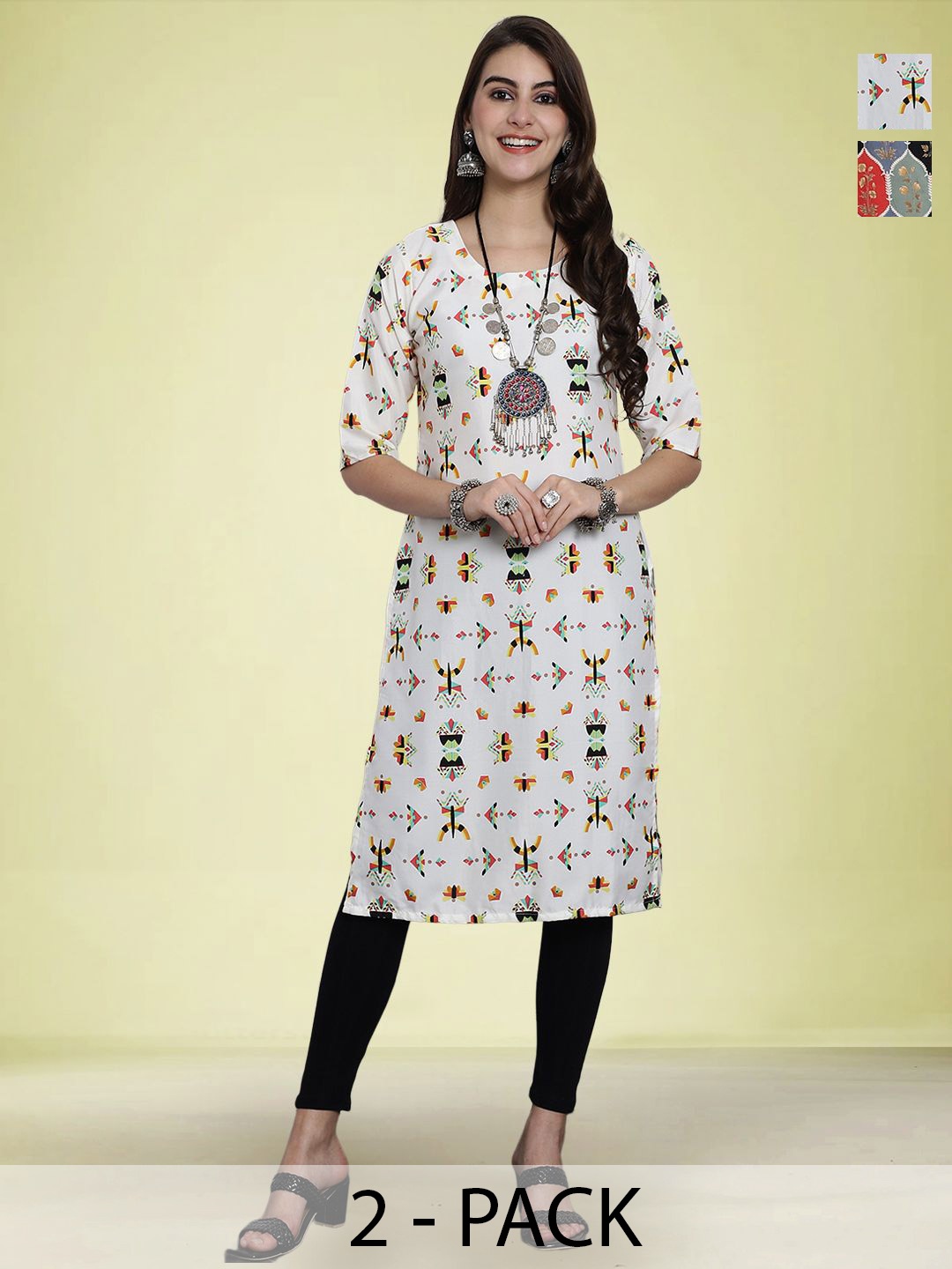 

Moda Rapido Selection of 2 Geometric Printed Round Neck Straight Kurtas, White