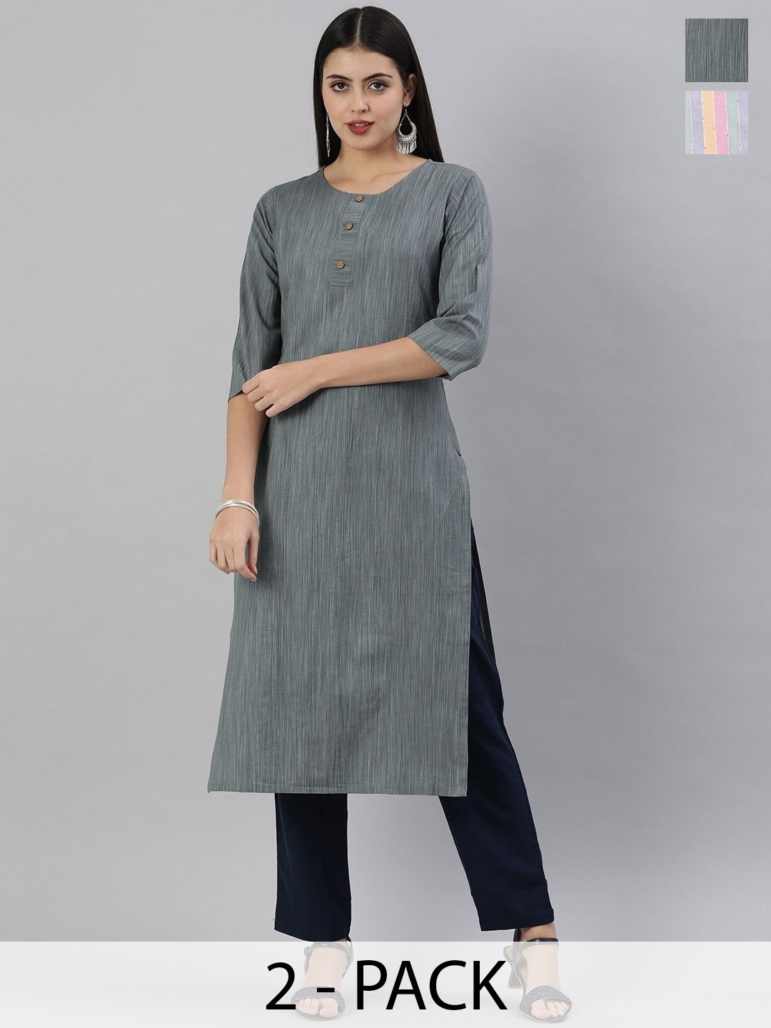 

KALINI Selection Of 2 Striped Round Neck Straight Kurtas, Grey