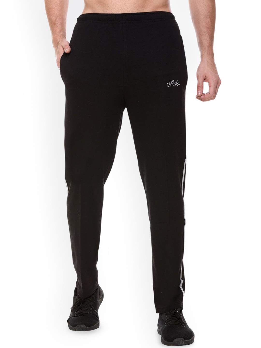 

FCKPLUS Men Side Striped Cotton Mid Rise Track Pant, Black