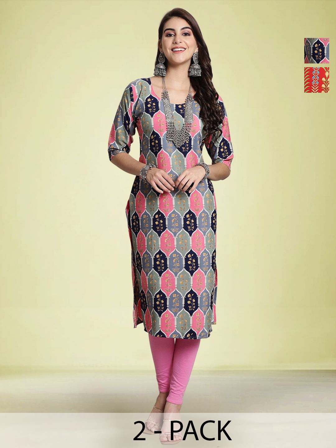 

Moda Rapido Selection Of 2 Ethnic Motifs Printed Round Neck Straight Kurtas, Green