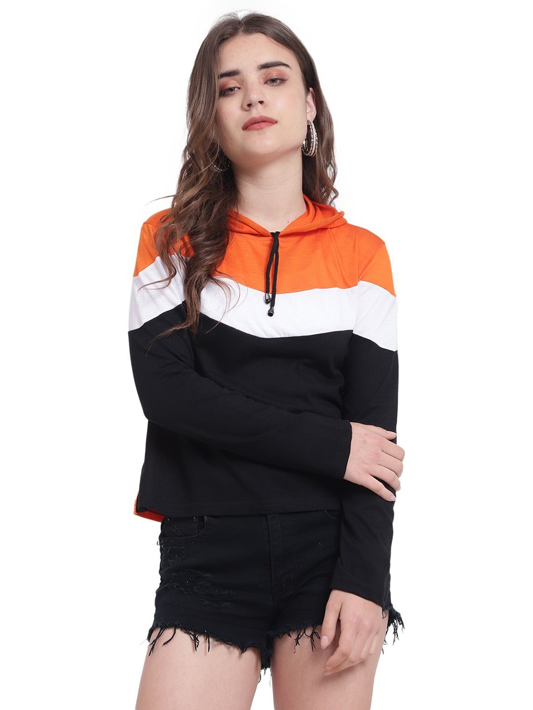 

DEEPMAYRA COLLECTION Women Colourblocked Hooded Cotton T-shirt, Orange