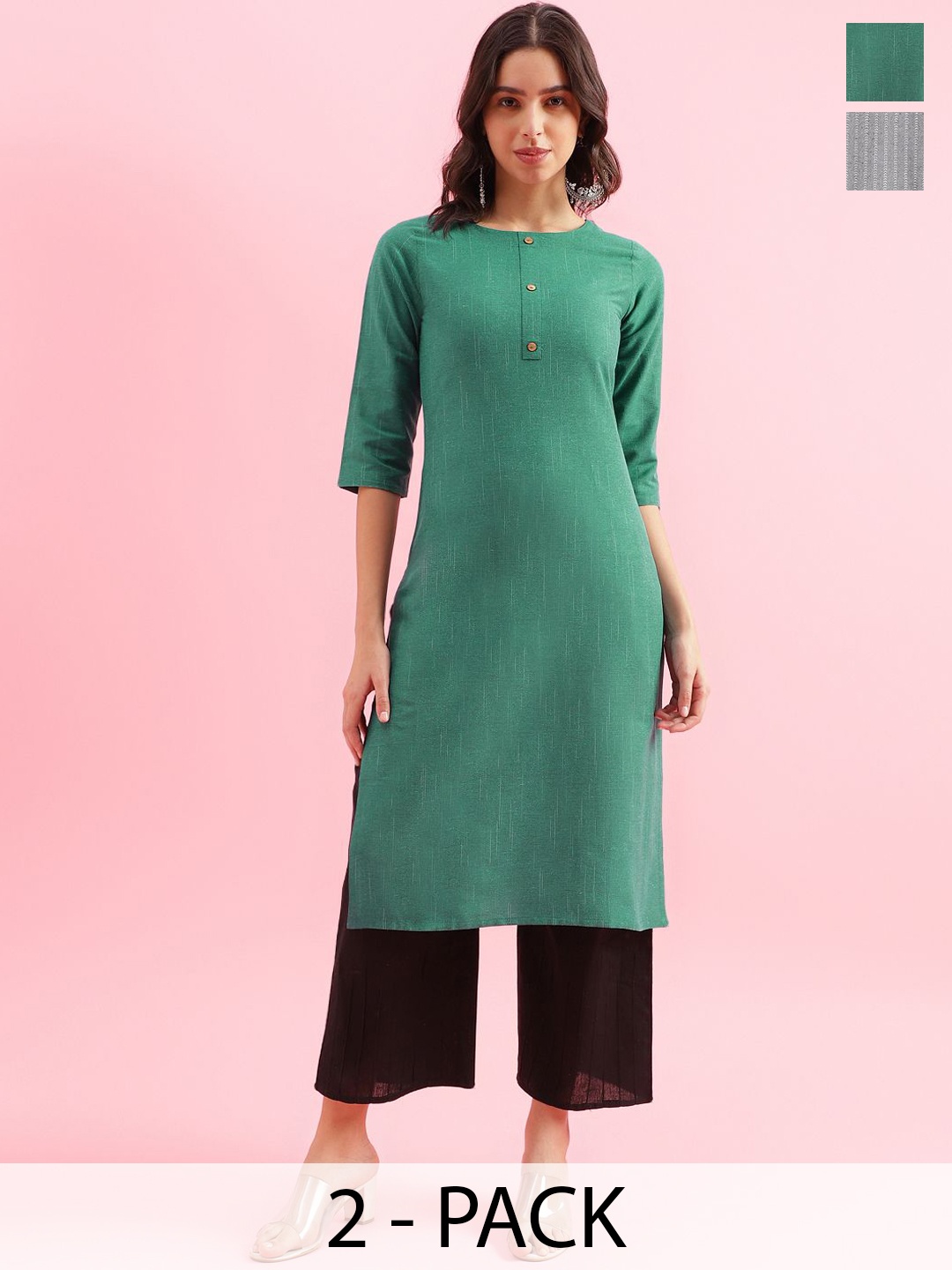 

KALINI Selection Of 2 Round Neck Straight Kurtas, Green