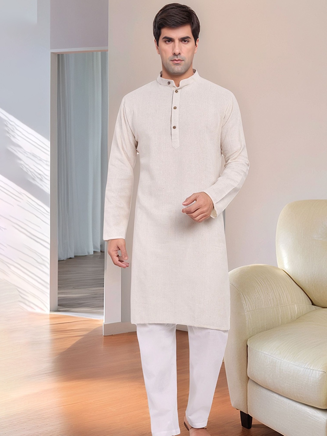

Moda Rapido Band Collar Pure Cotton Kurta With Pyjamas, Off white