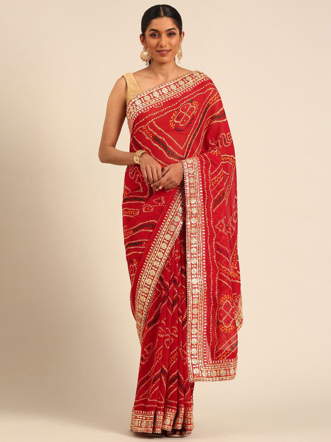 

Panzora Bandhani Gotta Patti Poly Georgette Bandhani Saree, Red