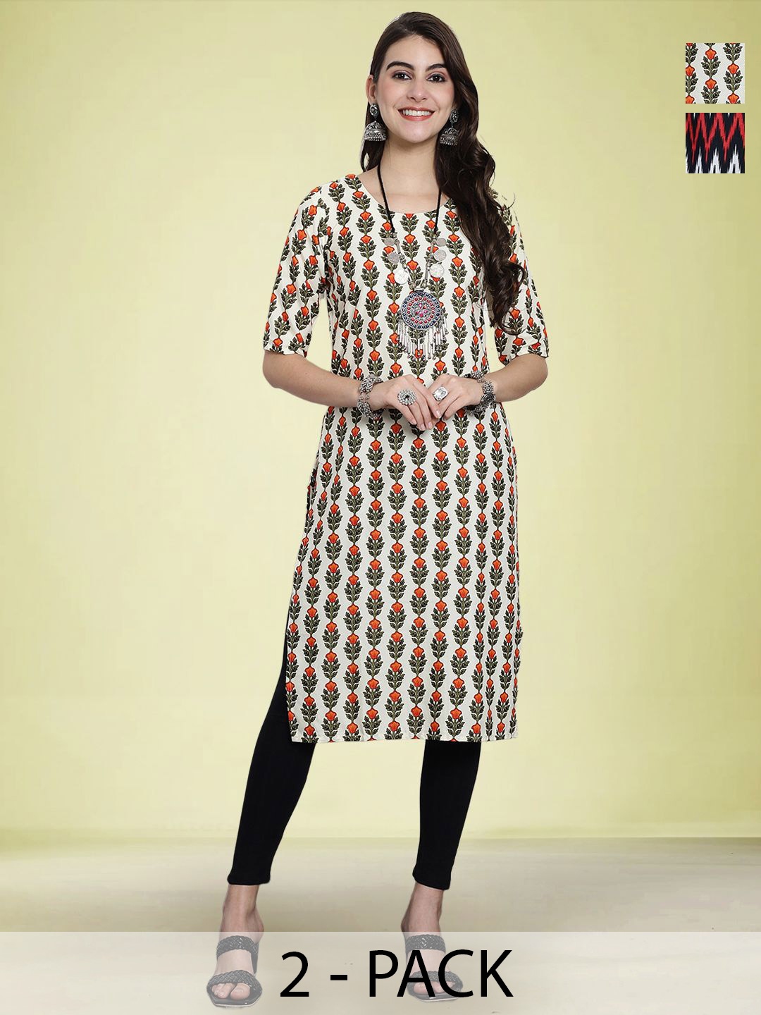 

Moda Rapido Selection Of 2 Floral Printed Round Neck Straight Kurta, Off white