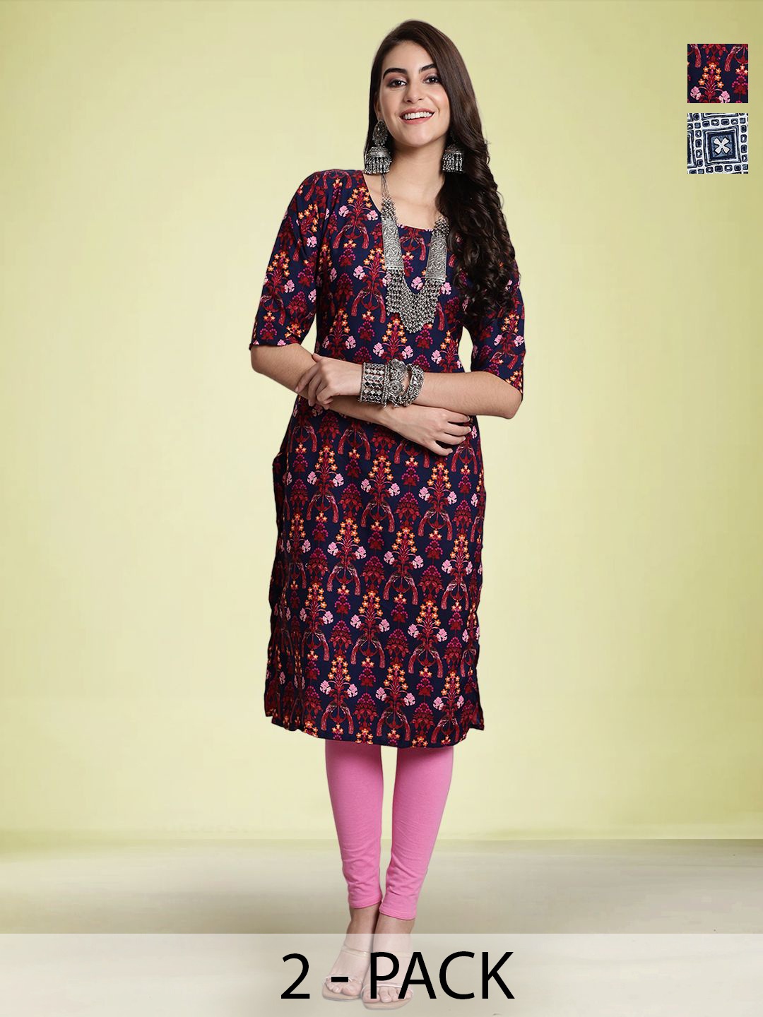 

Moda Rapido Selection Of 2 Floral Printed Round Neck Straight Kurtas, Navy blue