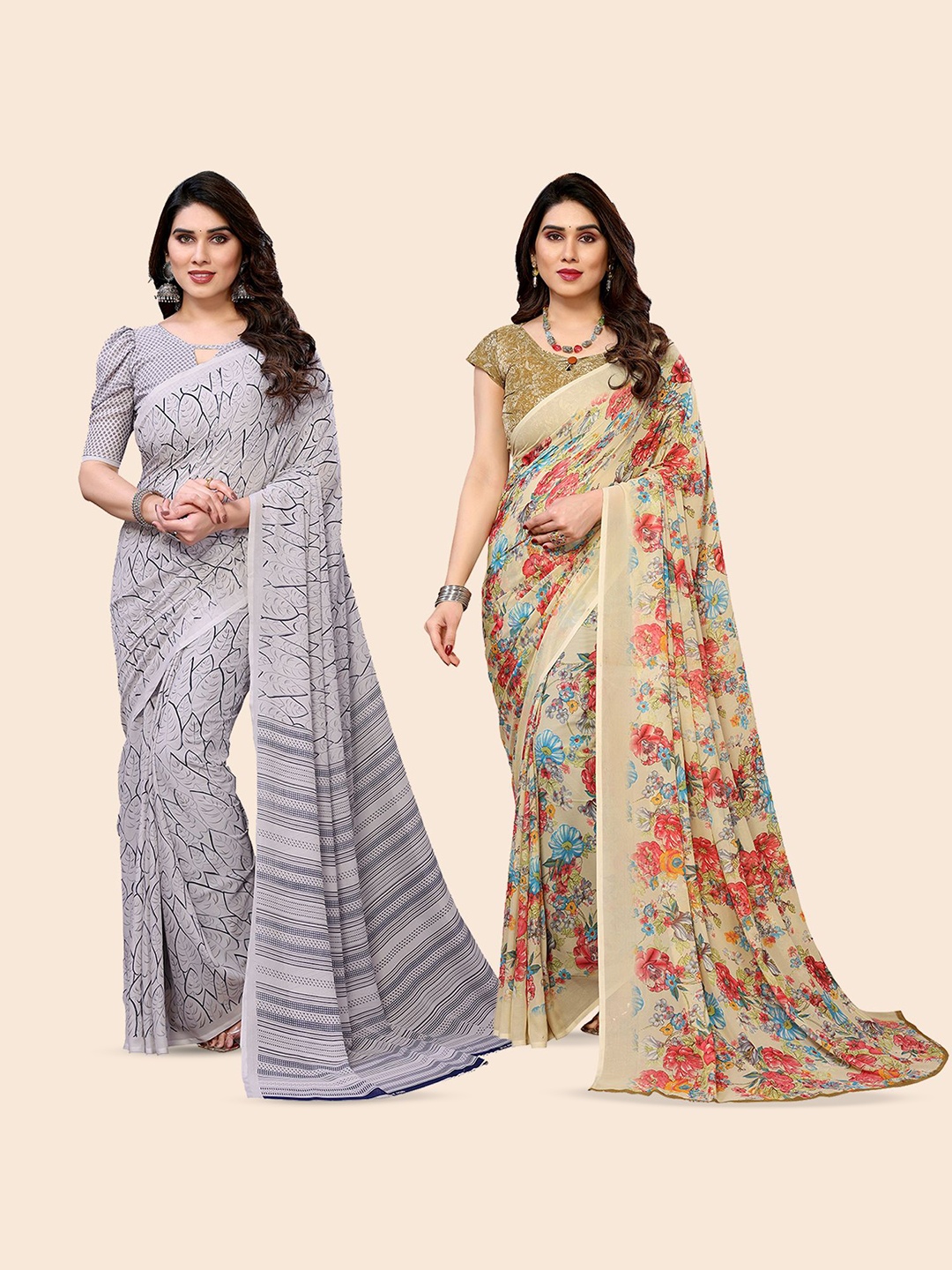 

Moda Rapido Floral Poly Georgette Saree, Beige