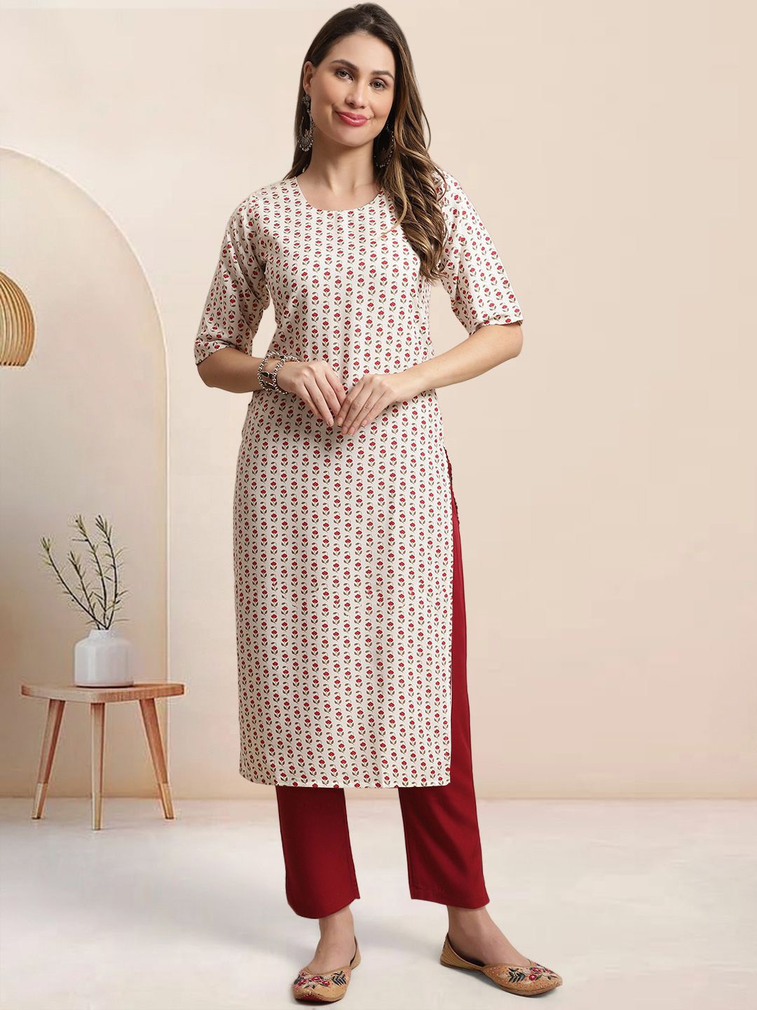 

Moda Rapido Floral Printed Round Neck Straight Kurta With Trousers, White