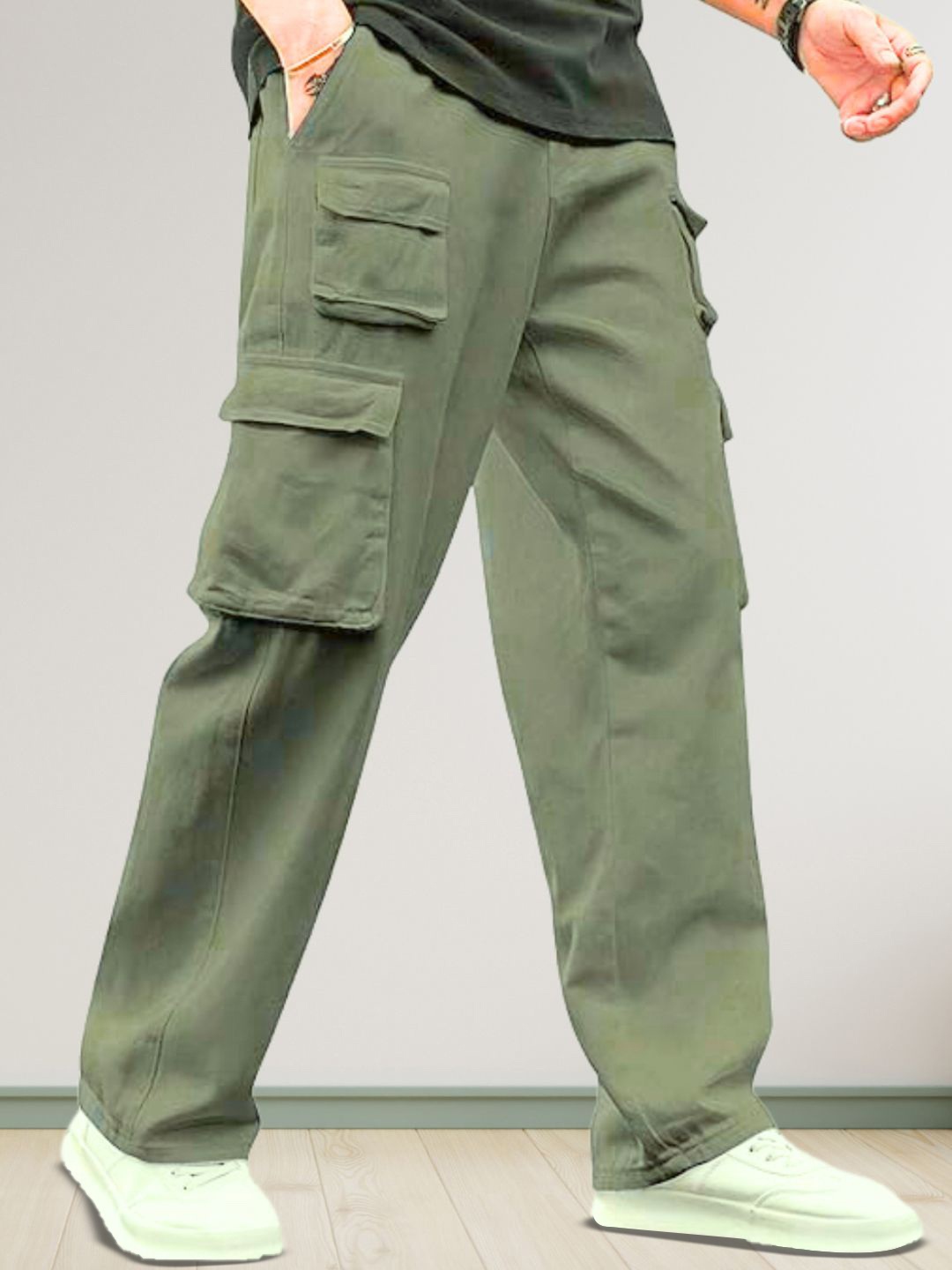 

ASHTOM Men Regular Loose Fit Cotton Cargo Pants, Olive