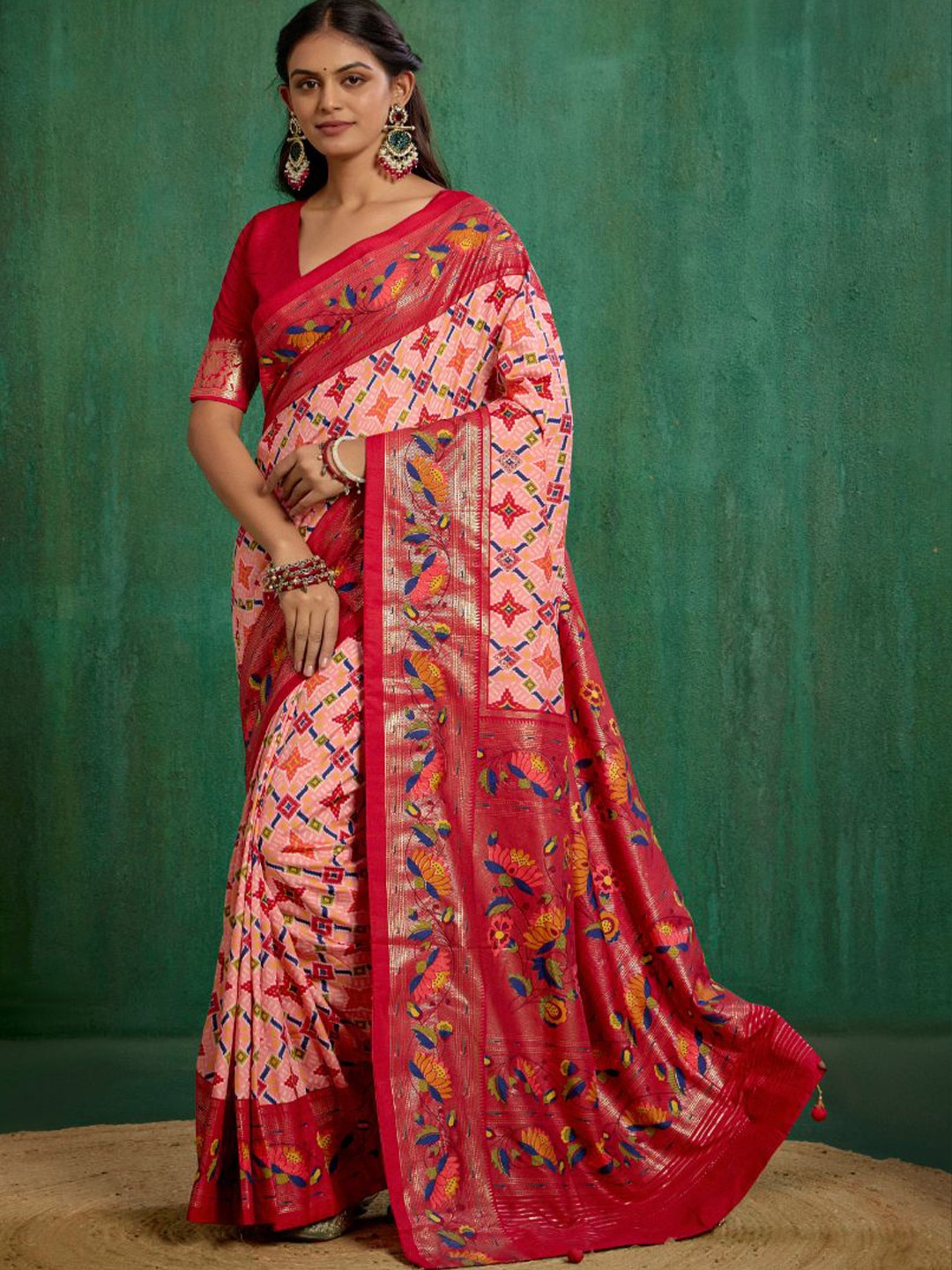 

TIRA Floral Silk Cotton Ready to Wear Saree, Pink