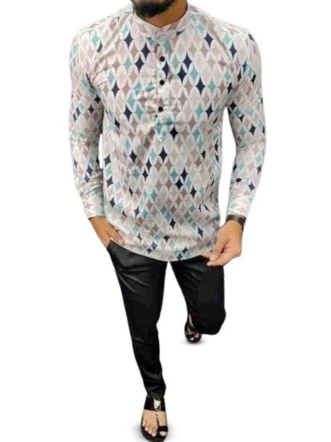 

ISUEL FAB Men India Slim Fit Geometric Printed Mandarin Collar Cotton Casual Shirt, White