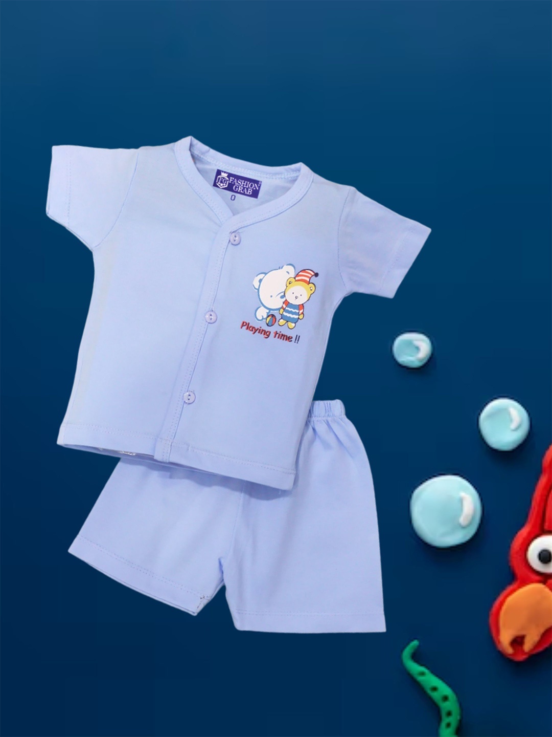 

FASHION GRAB Infant Kids Printed Pure cotton Jhabla With Shorts, Blue