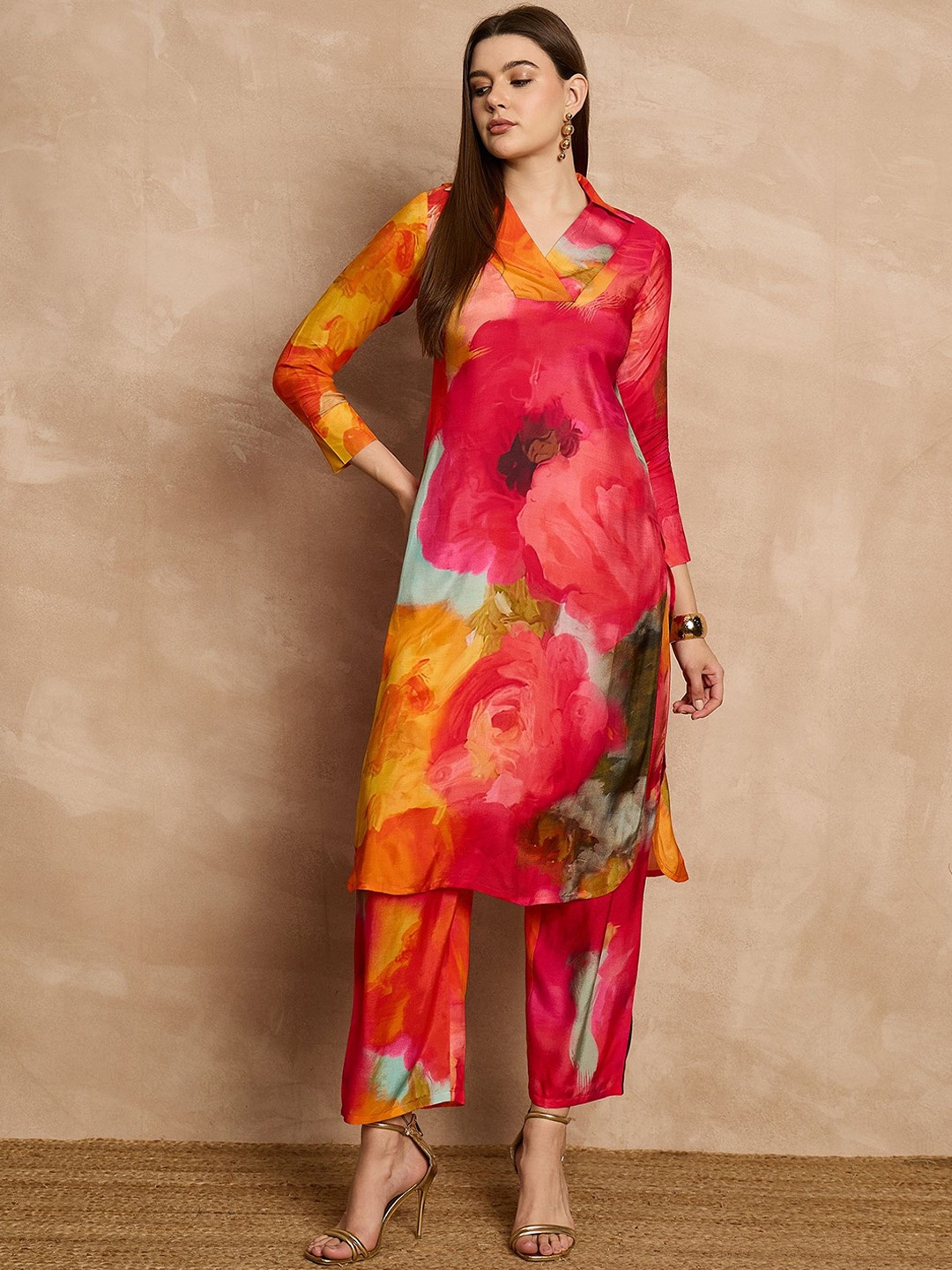 

all about you Pink Floral Printed V-Neck Straight Kurta With Trousers