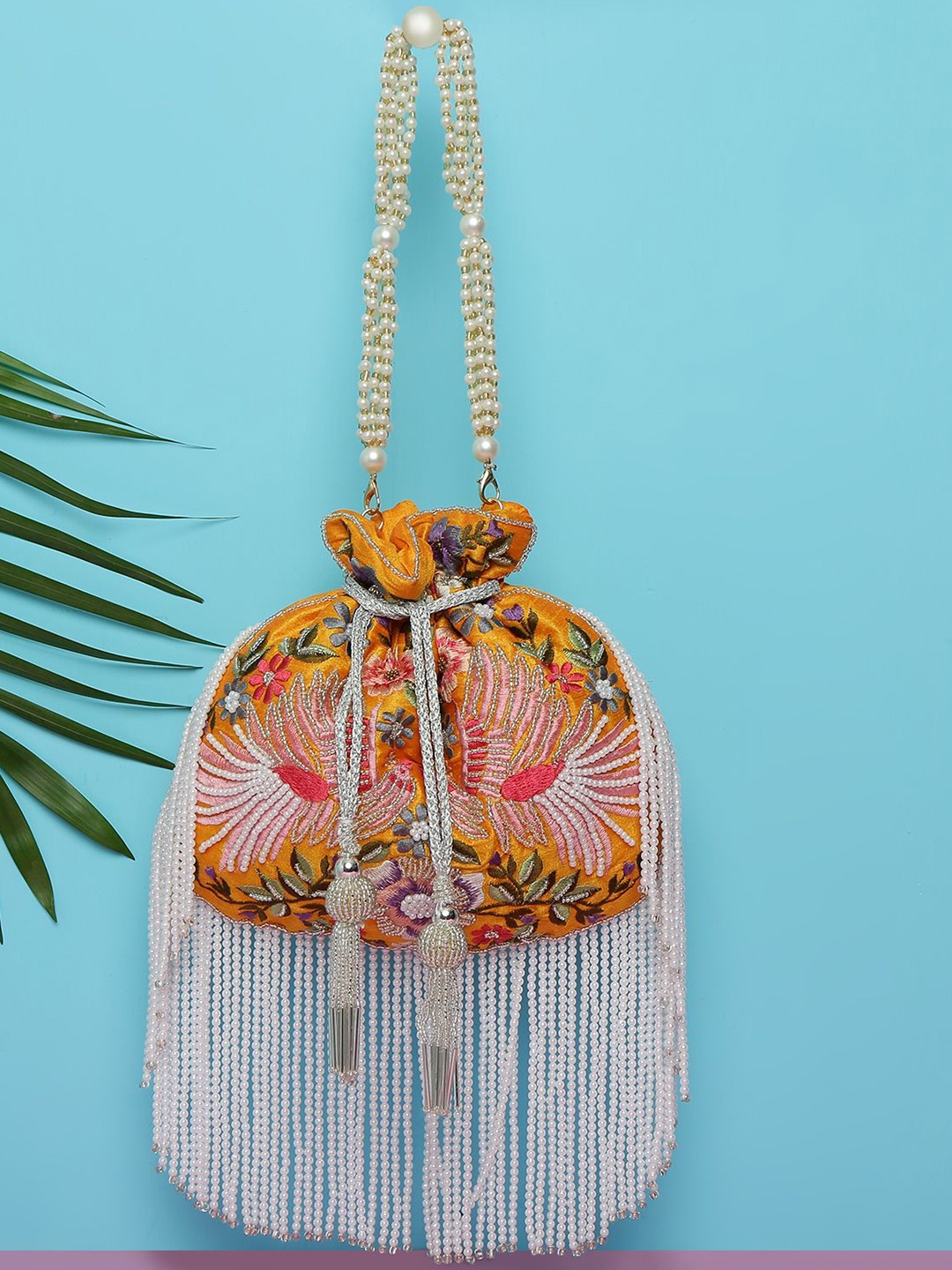 

VASTANS Embellished Tasselled Potli Clutch, Yellow