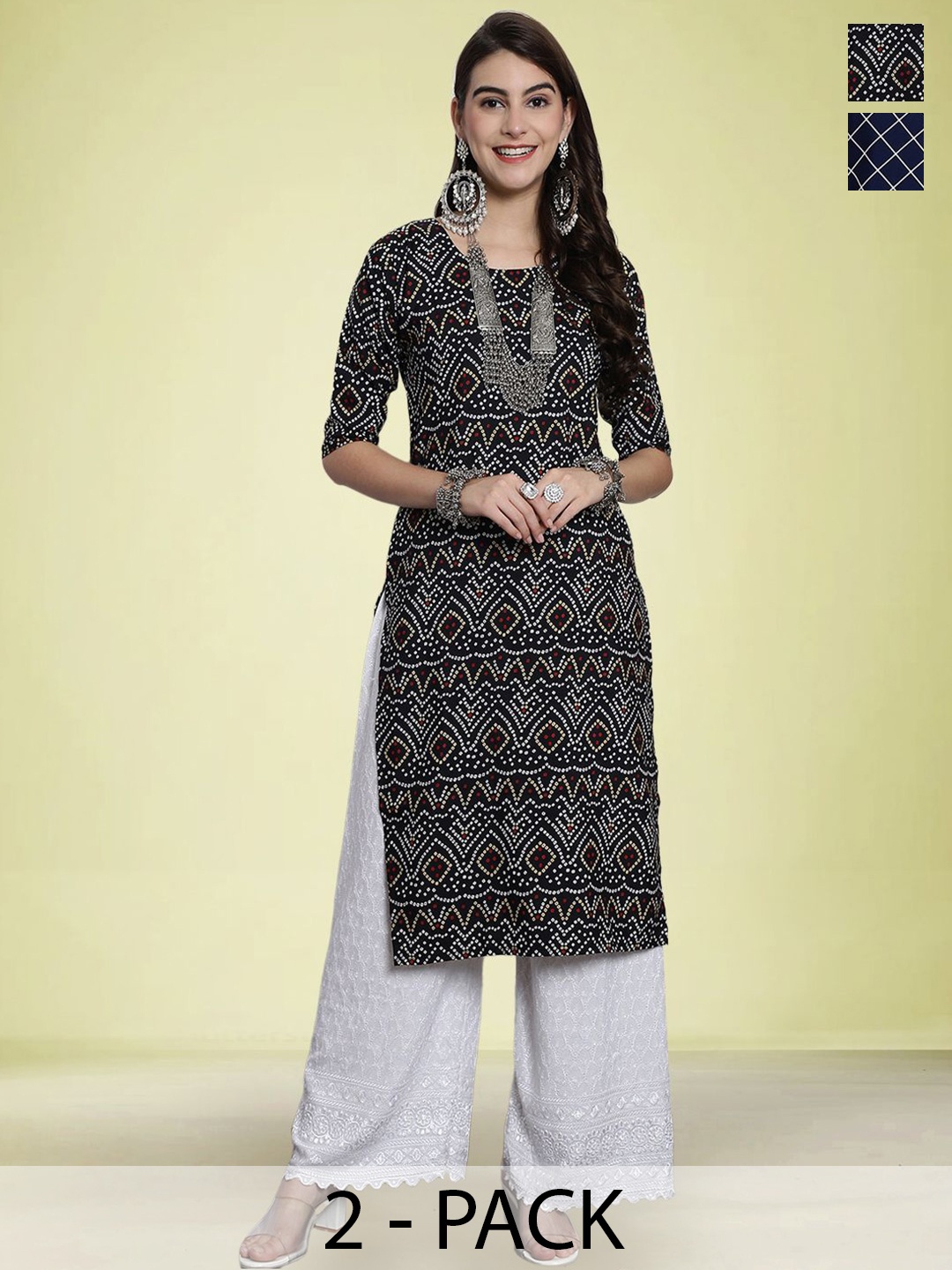 

Moda Rapido Selection Of 2 Bandhani Printed Round Neck Straight Kurtas, Black