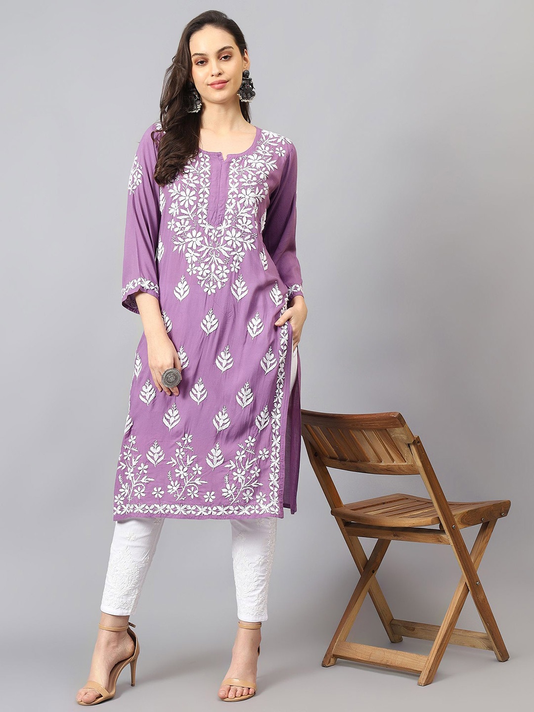 

Nazaqat Ethnic India Women Chikankari Embroidered Straight Kurta, Purple