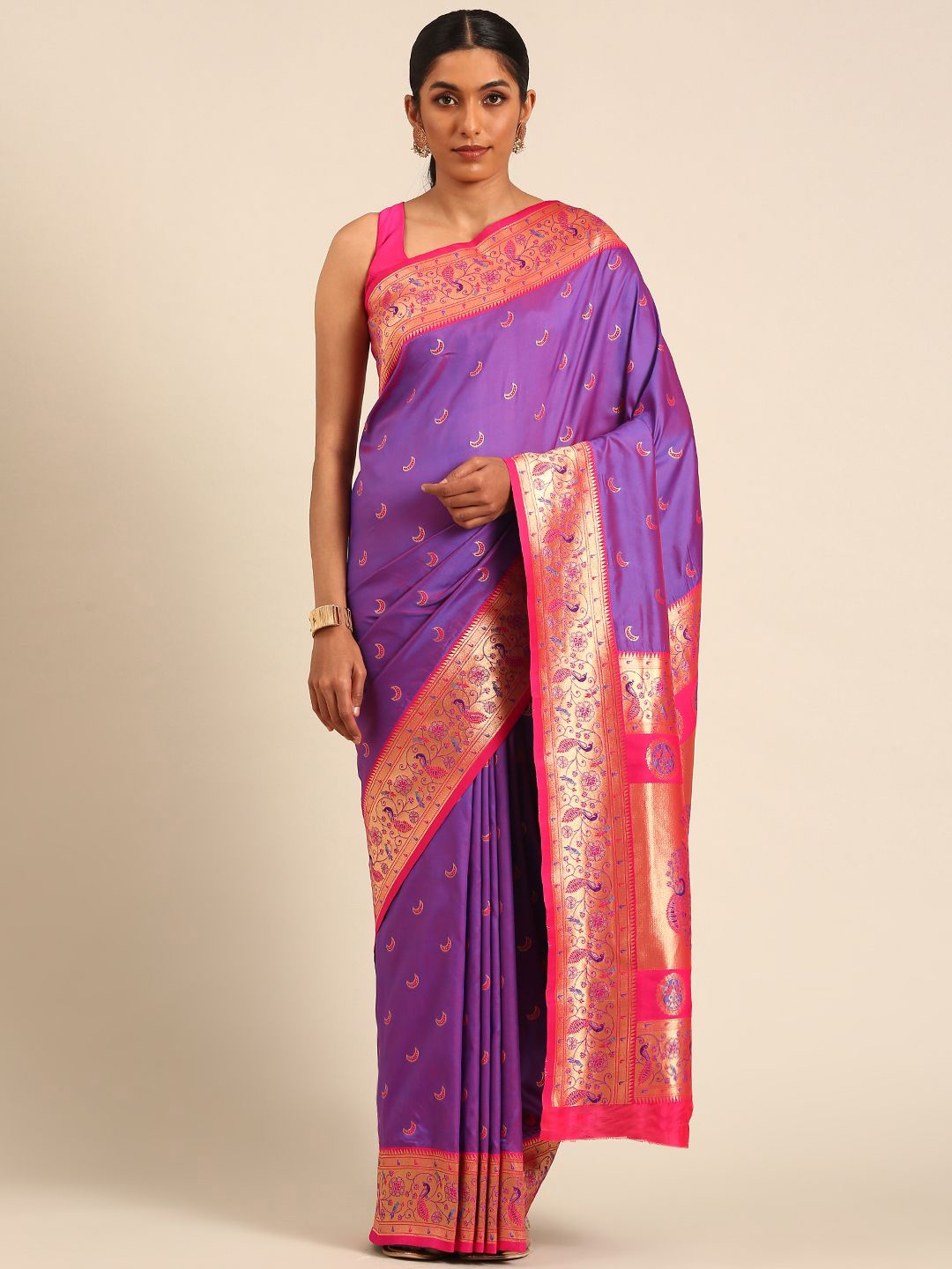 

Panzora Ethnic Motifs Zari Silk Blend Paithani Saree, Purple