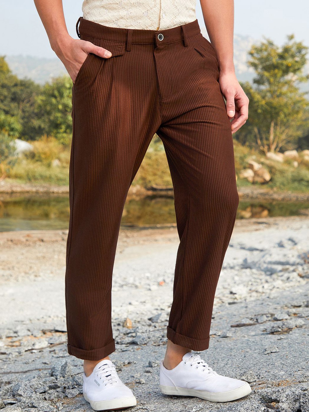 

Campus Sutra Men Cotton Mid-Rise Comfort Cropped Corduroy Trousers, Brown