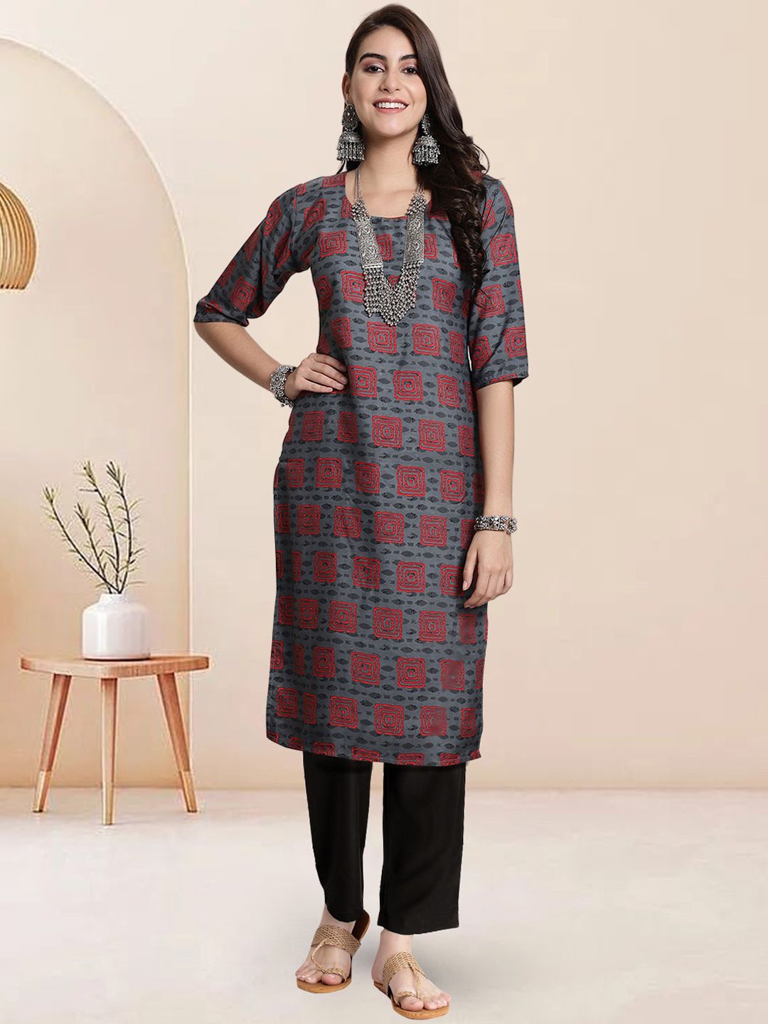 

Moda Rapido Ethnic Motifs Printed Round Neck Straight Kurta With Trousers, Grey