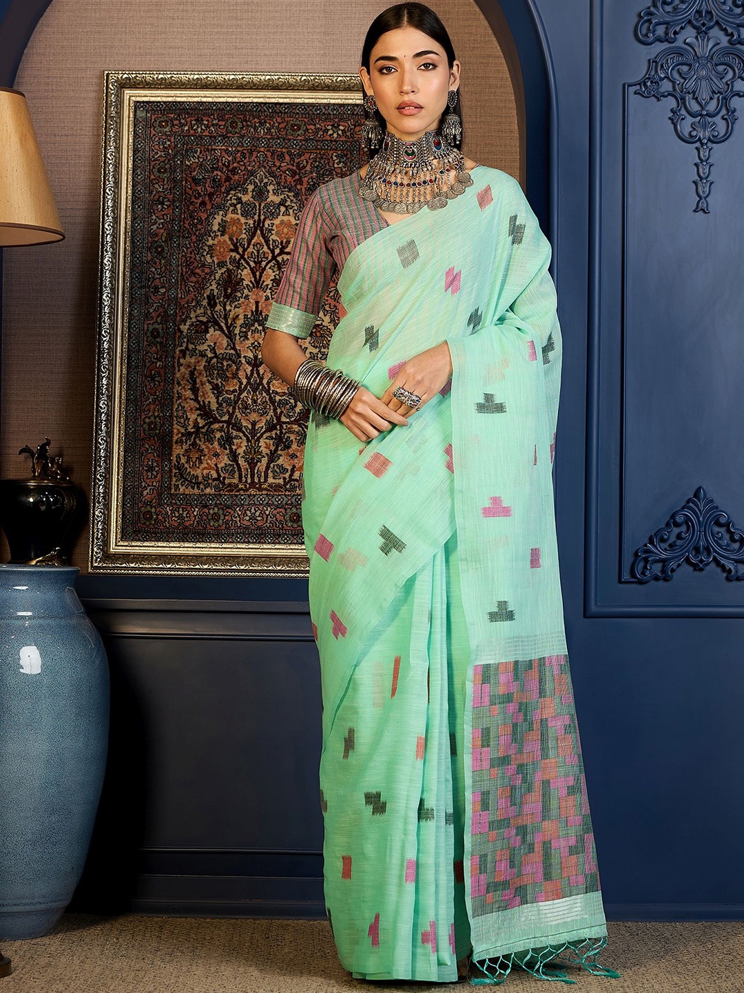 

Sangria Women Pure Cotton Woven Design Zari, Green