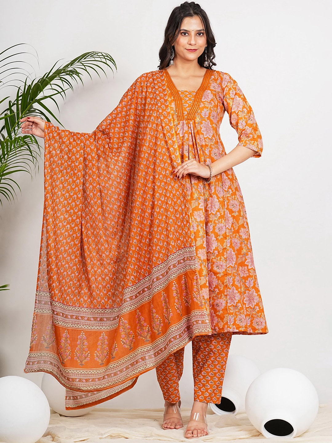 

Vbuyz Women Floral Printed Regular Pure Cotton Kurta with Trousers & With Dupatta, Mustard