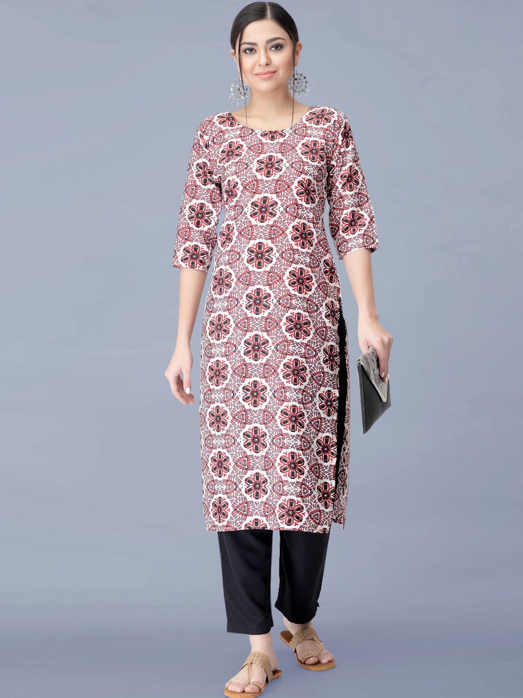 

Moda Rapido Ethnic Motifs Printed Round Neck Straight Kurta With Trousers, Red