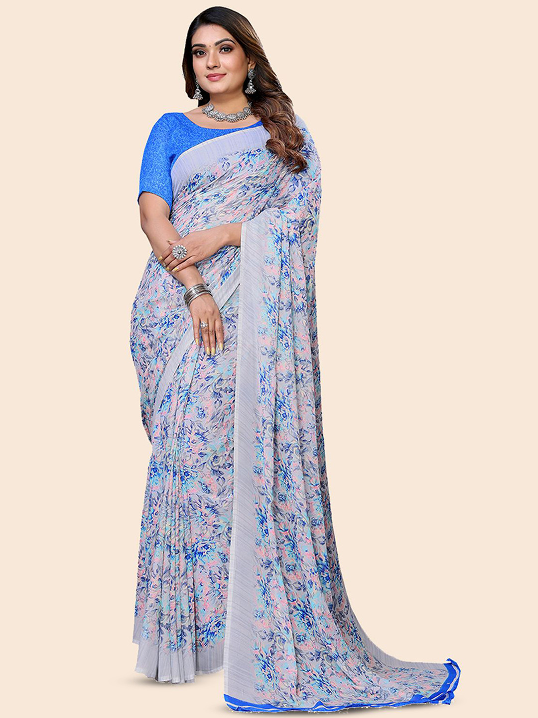 

Moda Rapido Floral Poly Georgette Saree, Blue